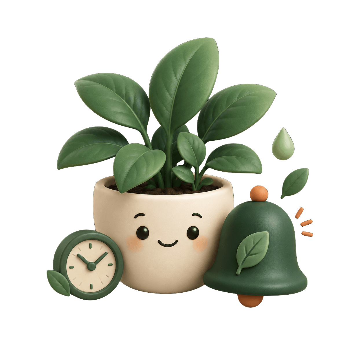 A happy plant beside a gentle reminder bell and clock